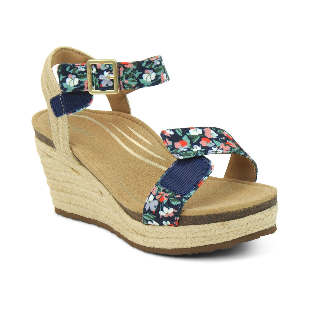 Aetrex Women's Sydney Quarter Strap Espadrille Wedge Sandals - Floral | USA V6US6QZ